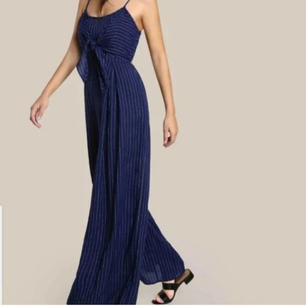 𝅺flying Tomato Blue Pin Stripe Smocked Open Back Tie Front Wide Leg Jumpsuit m